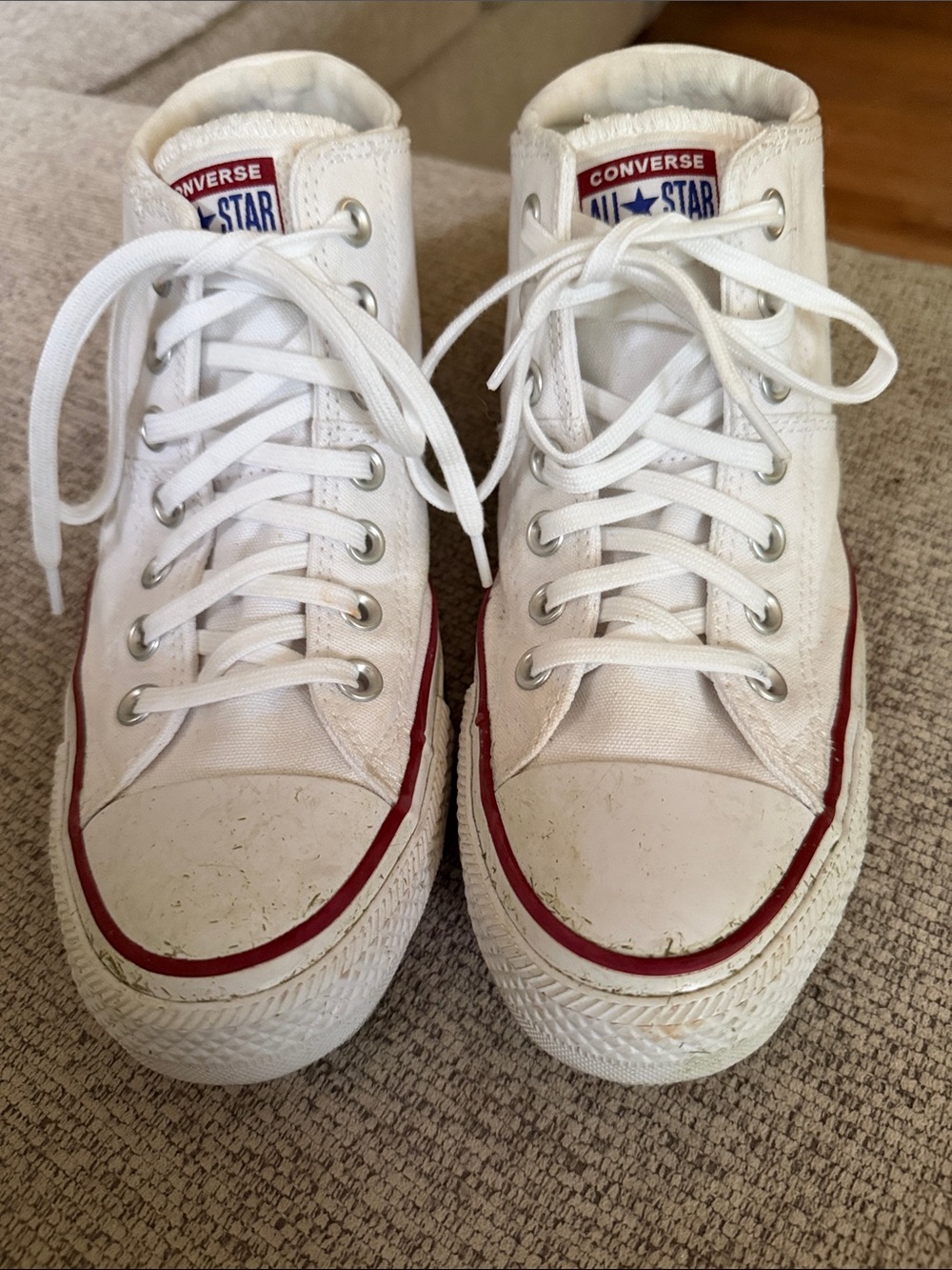 Converse White High Top Sneakers with Red Stripe